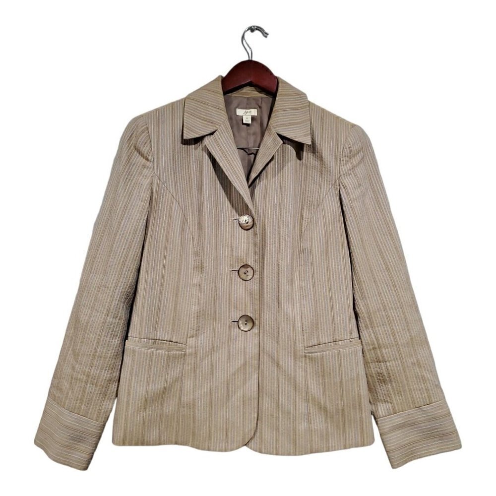 J Jill Womens Striped Taupe Brown Lined Blazer Pockets 3 Shell Buttons Size 8